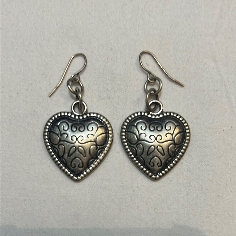 Vintage Silvertone Heart Scrolled Dangle Drop Pierced Earrings